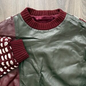 Italiano Vintage Mens XL Leather Colorblock Knit Hybrid Sweater Burgundy White